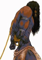 1boy ass ass_focus big_ass big_breasts bondage breasts brown_hair chains earrings gold_jewelry half-dressed half_naked long_hair muscles muscular muscular_arms muscular_ass muscular_legs muscular_male perfect_ass perfect_body slave sultan's_game tattoo tattoos the_sultan trap trapped twink