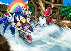 anus balls blush c3 double_v gesture green_hill_zone hedgehog male_only penis perineum rainbow sega sonic_(series) sonic_the_hedgehog v water_slide white_crest