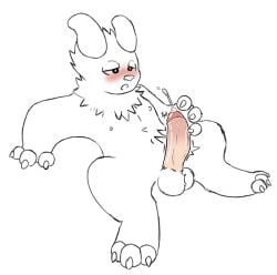 3_fingers 3_toes anthro balls big_balls big_penis blush cum_spurt curved_horn digitigrade feet fingers fluffy_balls genitals hi_res horn male memberofdragon minimal_color monochrome_body neck_tuft nipples onomatopoeia open_mouth penis reaching simple_background solo sound_effects text toes tuft unknown_species white_background