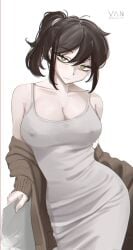 1girls big_breasts black_hair busty casual_clothes clothed dark_hair female female_focus goth goth_girl green_eyes hips huge_breasts large_breasts milf mother nipple_bulge nipples_bulge older_female pale-skinned_female pale_skin renee_graves the_coffin_of_andy_and_leyley vaniste