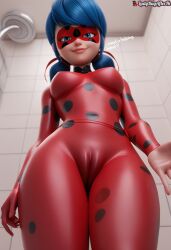 3d ai_generated bodysuit cameltoe hand_towards_viewer innie_pussy ladybug_(character) ladybugafterhrs marinette_dupain-cheng miraculous_ladybug shower smirk text text_box