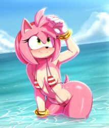 1girl 1lastshadow1 amy_rose animal_ears animal_nose arm_up bikini blue_sky blush bracelet breasts closed_mouth cloud day furry furry_female green_eyes hairband jewelry leaning_forward ls navel ocean one-piece_swimsuit outdoors partially_submerged pink_fur pink_hair red_hairband sky slingshot_swimsuit small_breasts smile solo sonic_(series) sonic_the_hedgehog_(series) striped_bikini striped_clothes striped_one-piece_swimsuit swimsuit tail water wet white_gloves