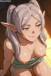 1girls ai_generated breasts_out dress elf elf_ears elf_female elf_girl female female female_only frieren frieren_beyond_journey's_end from_above green_eyes grey_hair long_hair looking_away nipples no_bra no_panties on_knees patreon pubic_hair salupai seductive_look small_breasts smile solo solo_female sousou_no_frieren twintails uncensored watermark