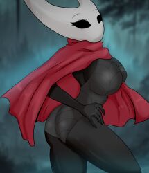 2025 2_horns 5_fingers arthropod ass big_breasts biped black_body black_eyes breasts clothed clothing eyebrows eyelashes female fingers hand_on_hip hi_res hollow_knight horn hornet_(hollow_knight) looking_at_viewer pose principenegro red_clothing solo standing team_cherry white_head