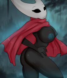 2025 2_horns 5_fingers areola arthropod ass big_breasts black_body black_eyes blue_areola blue_nipples breasts clothing eyebrows eyelashes female fingers hand_on_hip hi_res hollow_knight horn hornet_(hollow_knight) looking_at_viewer nipples pose principenegro red_clothing solo team_cherry white_head