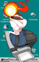 1girls big_breasts breasts busty character_request cleavage clothed desk desktop desktop_screen female female_only fire fire_head flame huge_breasts krokobyaka large_breasts legs mostly_clothed office_clothing office_lady pixel_(artwork) pixel_art sitting sitting_on_desk tagme thick thick_legs thick_thighs thighs windows_xp windows_xp_home