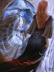 2022 2girls 2women 4_arms alter_ego artist_signature black black_dress blue_hair blue_skin bracelet clothing cracked_skin curvaceous curvy_ass dat_ass dual_persona duality elden_ring fat_ass fromsoftware fur_cape ginger_hair good_artwork half_closed_eyes holding_dagger holding_weapon knife_(elden lunar_princess_ranni mirror mirror_reflection mubishuang multiple_girls no_underwear pawg plump_ass pre_timeskip princess ranni_the_witch rear_view redhead_female ring) very_long_hair white_dress witch witch_hat