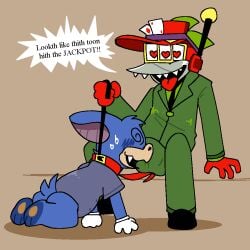 2022 3_eyes all_fours anatid anseriform anthro avian balls_outline bat beak bird blue_body blue_fur blush bodily_fluids bondage bulge clothing cog_(toontown) collar detailed_bulge dialogue digital_media_(artwork) duck duck_shuffler_(ttcc) duo feet fur genital_outline green_clothing green_suit heart_eyes heart_symbol hindpaw leash leashed_collar lever machine male male/male mammal metal multi_eye necktie open_mouth pawplants paws petplay red_body robot roleplay sharp_teeth simple_background speech_bubble spiral_eyes suit sweat tail teeth tongue toontown toontown_corporate_clash toontown_online toothed_beak