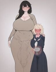 1female 1futa after_sex artist_request awkward_smile big_balls big_breasts big_penis black_hair blonde_hair blush bulge_through_clothing cum cum_in_pussy dress excessive_cum flappytsk futanari height_difference milf original school_uniform smile uterus x-ray