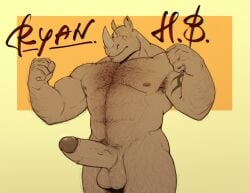 anthro arm_hair arm_tattoo armpit_hair balls barazoku belly_hair biceps big_penis body_hair character_name chest_hair digital_drawing_(artwork) digital_media_(artwork) erection facial_horn genitals hairy_balls happy_trail hi_res horn humanoid_genitalia humanoid_penis leg_hair male male_only mammal mr_nellory muscular muscular_anthro muscular_male nipples nose_horn nude_anthro nude_male pecs penis pubes rhinoceros solo stubble tattoo text thick_thighs vein veiny_penis
