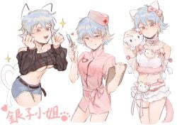 alternate_costume canon_genderswap cat_ears cat_girl cat_tail denim_shorts female female_only frills fully_clothed genderswap_(mtf) ginko_sakata gintama gintoki_sakata hello_kitty hello_kitty_(character) light_blue_hair multiple_outfits no_bra nurse nurse_cap nurse_uniform rule_63 short_hair smile solo sweater syringe underboob white_hair whitecatemily