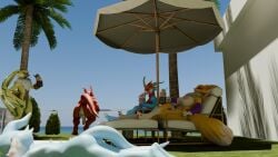 ambiguous_gender anthro anus ass balls bandai_namco beach beverage big_breasts big_butt breasts chair digimon digimon_(species) drinking_straw female femboy flamedramon fluffy fluffy_chest food furniture genitals group guilmon hi_res holding_food holding_object lounge_chair male milkshake nude nude_beach parasol penis relaxed_expression relaxing renamon scalie slim_male sunbathing symbareangoramon the_party_possum veemon