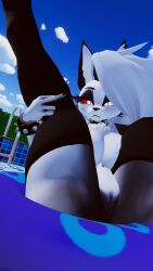 1girls 3d big_breasts big_ears blue_sky boobs breasts canid clouds collar female helluva_boss legs_up looking_at_viewer loona_(helluva_boss) middle_finger outdoors outside pussy red_sclera sloppydragons solo tagme vrchat white_eyes white_fur white_hair wristwear
