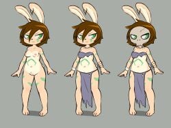 absurd_res anthro bone bottomwear bracelet breasts brown_hair clothing crotch_tuft e254e ear_piercing ear_ring female genitals green_eyes hair hi_res jewelry kiki_(zanthippe1) lagomorph leporid loincloth mammal markings mask model_sheet navel necklace nipples nude nude_anthro nude_female piercing pussy rabbit ring_piercing skull skull_mask small_breasts solo tan_body tribal tribal_markings tuft