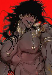 1boy big_breasts big_muscles big_nipples black_hair body_paint boob_focus breasts brown_hair chains chest earring earrings face_tattoo feminine_male gold_chain gold_jewelry male male_only muscles muscular_arms muscular_male nipple_bulge nipple_piercing nipples perfect_body red_background six_pack smile smiling smiling_at_partner smiling_at_viewer sultan sultan's_game tattoo tattoos teeth the_sultan twink