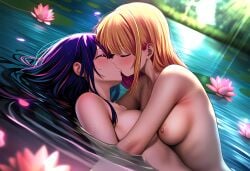 2girls 4k 4k_resolution absurd_res absurdres ai_generated blonde_hair breasts daughter depth_of_field female female/female female_only floating hoshino_ai hoshino_ruby hug incest kissing lake lesbian_kiss light_rays lotus_(flower) lying lying_on_person medium_breasts mother mother_and_daughter nipples nude nude_female purple_hair water yuri
