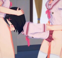 3boys 3d anal animated animated ariai arms_behind_back black_hair blush bottomless clothed_sex clothes_lift commentary cross_hair_ornament crossdressing erection fellatio group_sex hair_ornament hairclip hands_on_another's_head holding_another's_arm indoors koikatsu_(medium) male_focus male_penetrated medium_hair mmm_threesome multiple_boys oral original otoko_no_ko penis photoshop_(medium) pink_ribbon ribbon school_uniform serafuku sex sex_from_behind short_hair skirt skirt_lift solo_focus spitroast standing standing_sex thighhighs thighs third-party_edit threesome uncensored white_serafuku white_thighhighs yaoi yellow_eyes