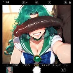 1boy 1girl 2024 ai_generated bishoujo_senshi_sailor_moon blush close-up dark-skinned_male dark_skin erect_penis erection faceless_male female green_hair large_penis light-skinned_female light_skin long_hair looking_at_viewer male male/female michiru_kaiou penis penis_covering_eyes penis_on_face posing posing_with_penis sailor_neptune sailor_senshi_uniform selfie smile social_media straight sweat testicles wavy_hair zawuardo