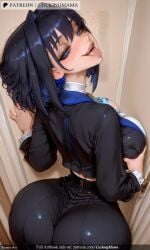 ai_generated ass bangs black_hair blue_bow blue_eyes blue_hair blue_neckwear blue_ribbon blush breast_grab breasts cuckingmama female frills from_behind grabbing hair_intakes large_breasts long_sleeves looking_at_viewer looking_back on_back open_mouth pants ribbon short_hair sitting smile tagme teeth