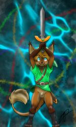 abstract_background animal_genitalia balls belt big_ears bottomless canid canine clothed clothing ear_tuft fully_sheathed genitals green_clothing green_hat green_headwear green_shirt green_topwear green_tunic hat headgear headwear holding_melee_weapon holding_object holding_sword holding_weapon hybrid link looking_up male mammal master_sword melee_weapon nintendo scabbard sheath shirt smile solo solo_focus standing sword tail tail_tuft the_legend_of_zelda topwear tuft tunic weapon zephyrpanthur