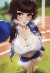 ai_generated braid brown_eyes brown_hair cleavage cum cum_on_breasts huge_breasts shorts steam track_suit
