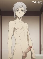 ai_generated atsushi_nakajima bungo_stray_dogs erection looking_at_viewer nude_male penis skinny_male standing white_hair yaiart