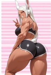 1girls 2025 ai_generated ass bankai_arts big_ass big_thighs black_clothing black_shorts black_topwear boku_no_hero_academia booty_shorts bunny_ears bunny_tail casual casual_clothes dark-skinned_female dolphin_shorts female female_only instagram_link lagomorph lagomorph_humanoid long_hair looking_at_viewer looking_back midriff minishorts mirko miruko my_hero_academia pink_background rumi_usagiyama short_shorts shorts skimpy skimpy_clothes solo striped_background superheroine thick_thighs v_sign victory_sign white_hair