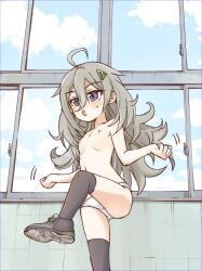 1girls 2025 ahoge blonde_hair blush flat_chest fukakutei hibi_wa_sugiredo_meshi_umashi higa_tsutsuji long_hair motion_lines navel nipples one_leg_up open_mouth panties petite purple_eyes shoes small_breasts sneakers sweat tagme thighhighs topless white_panties