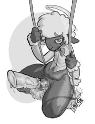 angel animal_genitalia animal_penis anthro ass balls bbgg_(artist) big_balls big_butt big_penis black_body black_fur bodily_fluids bottomless bottomless_male bovid caprine cherub clothed clothing collin_(helluva_boss) dripping equine_genitalia equine_penis erection freckled_butt freckled_face freckles fur genital_fluids genital_piercing genitals greyscale halo helluva_boss hi_res male mammal monochrome penis penis_piercing piercing precum precum_drip sheep short_stack simple_background sitting slightly_chubby solo tail teapot_(body_type) vein veiny_penis worried_look