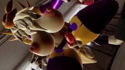 1futa areolae armwear big_breasts canid digimon from_below futanari miniskirt renamon sloppydragons solo tagme thighhighs topless vrchat yellow_fur