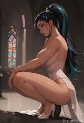 ai_generated big_breasts black_penis blacked earrings female high_heels k/da_all_out_kai&#039;sa k/da_all_out_series k/da_kai&#039;sa k/da_series kai&#039;sa league_of_legends looking_at_viewer mobolusai multicolored_hair ponytail sitting_on_penis teasing thighs wedding_dress wedding_lingerie white_heels white_shoes