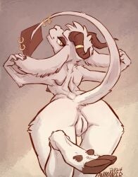 2024 accessory animancer anthro anus areola bovid caprine female floppy_ears fur furgonomics furry-specific_piercing genitals goat half-closed_eyes headgear hi_res holding_both_ears hooves horn horn_jewelry horn_ring jewelry looking_back mammal narrowed_eyes nil nipples nude on_one_leg piercing pussy rear_view ring ring_(jewelry) ring_piercing simple_background solo spade_tail standing tail tail_accessory tail_jewelry tail_piercing tail_ring tail_ring_(piercing) white_body white_fur yellow_eyes