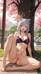1girls ai_generated anus barefoot bottomless bra braid breasts cherry_blossoms cone_hair_bun feet female flower full_body hair_ornament hi_res highres knee_up legs long_hair looking_at_viewer navel open_mouth outdoors petals purple_bra purple_eyes pussy sitting solo spread_pussy stomach toenails toes tongue tongue_out tree twin_braids underwear vagina voluptuous voluptuous_female