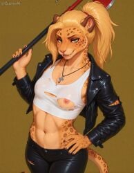 1girl 1girls ai_generated alternate_species anthro anthro_only anthrofied axe blonde_hair bottomwear breasts buffy_summers buffy_the_vampire_slayer claws clothed clothing crop_top curvy_figure digital_media_(artwork) eyelashes fangs felid feline female female_focus female_only fur furry furry_female furry_only green_eyes guznoai hair half-closed_eyes hand_on_hip hi_res holding_object holding_weapon humanoid jacket jewelry leather leather_clothing leather_jacket leather_topwear lips looking_at_viewer mammal markings melee_weapon multicolored_body multicolored_fur narrowed_eyes necklace nipples pantherine pants partially_clothed ponytail presenting seductive shirt small_breasts smile solo spots stable_diffusion standing tan_body tan_fur teeth topwear torn_bottomwear torn_clothing torn_pants translucent translucent_clothing tuft two_tone_body two_tone_fur voluptuous weapon wide_hips yellow_body yellow_fur yiff