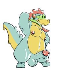anthro balls belly big_balls big_penis blue_body bodily_fluids cum cum_drip dragon dripping erection genital_fluids genitals goo_creature hi_res humanoid_genitalia humanoid_penis hybrid jagged_mouth male memberofdragon mythological_creature mythological_scalie mythology navel nipples overweight overweight_anthro overweight_male pecs penis scalie simple_background solo thick_thighs visor white_background yellow_belly