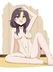 1girls 2025 arcsin areolae barefoot blush brown_eyes brown_hair feet food hibi_wa_sugiredo_meshi_umashi kawai_mako long_hair navel open_mouth partially_visible_vulva popsicle saliva sitting sling_bikini spread_legs tagme thighs