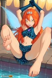 1girls 4kids_entertainment ahoge ai_generated armpits arms_up artist_name bare_legs barefoot bloom_(winx_club) blue_gloves blue_panties breasts crop_top dark_bloom eyelashes eyeshadow fairy fairy_wings feet foot_focus full_body gloves hi_res legs lipstick long_hair looking_at_viewer makeup medium_breasts midriff navel nickelodeon orange_hair panties pillar rainbow_(animation_studio) rule34lab shiny_skin sitting skirt smile soles solo spread_toes tiara toenail_polish toenails toes underwear wings winx_club yellow_eyes