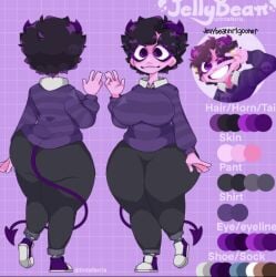 big_ass big_breasts black_pants breasts collared_shirt female horns jellybean_(mcyt) jellybean_(youtuber) not_porn pink_skin purple_eyes purple_hair purple_shoes purple_sweater skin_tone_difference solo_female tagme tail thick_thighs tintaferris vtuber youtube youtuber