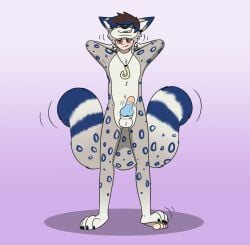 2018 3_tails anthro balls biped bite biting_lip biting_own_lip blue_eyes blue_highlights blue_markings blue_penis blush brown_eyes chair colored countershade_face countershade_fur countershade_torso countershading devious_grin felid fox0808 front_view fur furniture genitals grey_body hair hands_behind_head hi_res highlights_(coloring) human human_to_anthro jewelry kaito_(danny1988) leopard leopard_spots looking_down_at_self male male/male mammal markings motion_lines multi_tail necklace nude pantherine penis self_bite simple_background smile snow_leopard solo species_transformation spots standing suit_transformation tail transformation white_body white_countershading white_fur white_markings