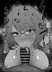 1boy 1girls :>= bare_shoulders big_penis black_and_white blush censored detailed_background drooling eyelashes fellatio female glasses heart human indoor inside kurotama looking_at_viewer male male_pov oral oral_sex penis room saliva shiny shiny_skin short_hair sketch sound_effects squatting sweat teacher text tongue_out vein veins veiny veiny_penis witch_watch