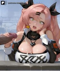 ai_generated breast_rest breasts cleavage clothed cum cum_on_clothes dark-skinned_male ejaculation female female_focus handjob huge_breasts looking_at_penis nicole_demara open_mouth penis pink_hair surprised trugprz zenless_zone_zero