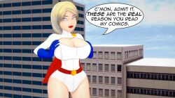 16:9 1girls 3d 3d_animation alien alien_girl animated bell_haircut big_breasts blonde_female blonde_hair blue_eyes breast_squeeze breasts city cleavage clothed dc dc_comics dcau eyebrows_raised female female_only flying fully_clothed kara_zor-l karen_starr koikatsu kryptonian lipstick looking_at_viewer loop medium_hair misunderstoodsecrets power_girl solo solo_female superheroine text voluptuous