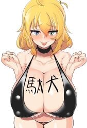 1girls 9is bare_shoulders bikini black_swimsuit blonde_hair blue_eyes blush breasts cleavage covered_nipples female green_eyes heterochromia huge_breasts japanese_text looking_at_viewer navel nipple_bulge ryouna_(senran_kagura) senran_kagura short_hair simple_background smile solo submissive_pose swimsuit tagme thick_thighs tongue tongue_out white_background