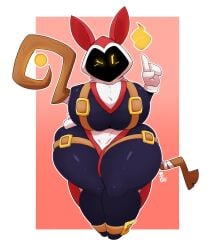 2021 belt big_breasts black_body breasts clothing female fire gloves hood huge_breasts kiki_(thegentlebro) mage magic mob_face oc original original_character shiny_skin solo thegentlebro thick thick_thighs thighs white_gloves wide_hips wink winking_at_viewer yellow_eyes