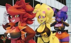 3d 3d_(artwork) 3girls anthro armwear bandage bandaged_arm big_breasts bonfie bonfie_(cryptia) bonnie_(cally3d) bonnie_(fnaf) breasts cally3d chica_(cally3d) chica_(fnaf) chiku chiku_(cryptia) clazzey cleavage cryptiacurves curvy delphoxart fazclaire's_nightclub female female_only fexa fexa_(cryptia) five_nights_at_freddy's fnaf foxy_(cally3d) foxy_(fnaf) freckles fredina's_nightclub furry grin i_put_the_new_forgis_on_the_jeep meme open_mouth pornhub purple_fur red_fur scottgames smile thick_thighs thighhighs vamonos_de_fiesta_a_factory voluptuous wide_hips yellow_fur