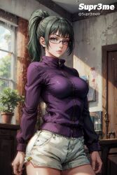 ai_generated female female_only glasses green_hair jacket jujutsu_kaisen looking_at_viewer medium_breasts mommy ponytail solo solo_female solo_focus supr3metr zenin_maki