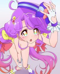 ahoge blush bow breasts clothing_cutout collarbone cure_coral female fingerless_gloves fuooooo gloves hair_ornament hat heart heart_cutout heart_facial_mark highres looking_at_viewer low_pigtails magical_girl multicolored_hair nail_polish nipples nude open_mouth pink_nails precure pretty_cure purple_hair sailor_hat simple_background small_breasts solo tropical-rouge!_precure twinstails yellow_eyes