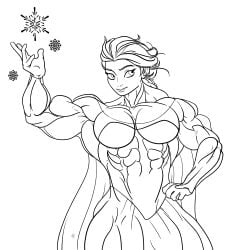 abs biceps big_breasts big_muscles breasts disney elsa_(frozen) extreme_muscles female frozen_(film) huge_breasts huge_muscles large_breasts large_muscles monochrome muscles muscular muscular_female rssam000