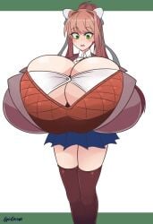 1girls 2018 alphaerasure alternate_breast_size artist_signature blush_lines blushing breast_expansion breasts_bigger_than_head bursting_breasts color doki_doki_literature_club green_eyes huge_breasts hyper hyper_breasts massive_breasts monika_(doki_doki_literature_club) oversized_breasts ponytail school_uniform sequence skirt surprised tagme thighhighs wardrobe_malfunction