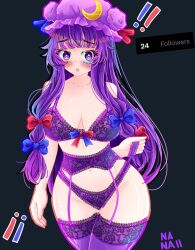 1girls blue_bow blush bra garter_belt large_breasts long_hair nanaii_desu panties patchouli_knowledge purple_bra purple_garter_belt purple_hair purple_panties purple_stockings red_bow stockings suggestive touhou